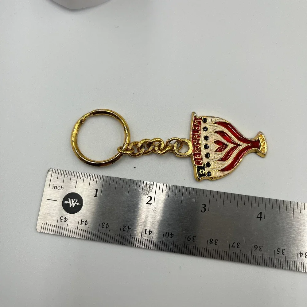 VTG Jerusalem‎ Menorah Keychain Red Enamel Gold Tone Judaica Souvenir Key Ring